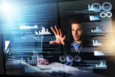 Man, hacker and hologram for coding at night with software programming Stock-Fotos