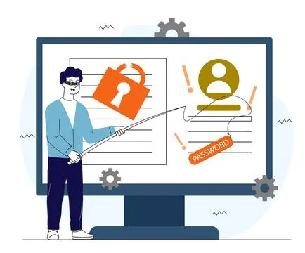 Man with hacker attack. Young guy in black mask with fishing rod near computer Illustrazione stock