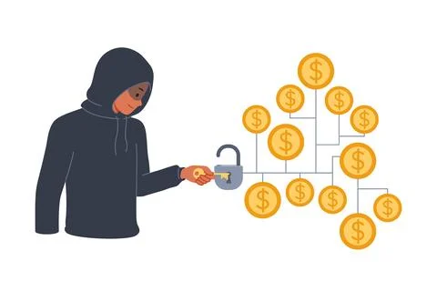 Man hacker hacks crypto vault with money to steal funds from blockchain wallet Ilustración de archivo