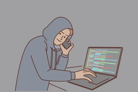 Man hacker with laptop and making phone call is engaged in telecom fraud and Stock Illustration