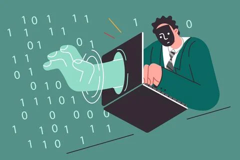 Man hacker penetrates protected space by sticking hand through laptop and Illustrazione stock