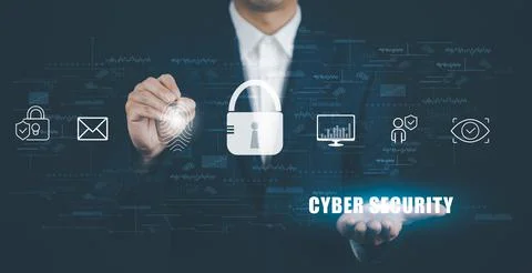 Man Hacker touch finger scan with cyber security in graph Screen code of a me 스톡 사진