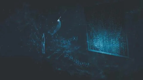 Man Hacker is using a hand typing keyboard and Screen code of a media screen  Stock Photos