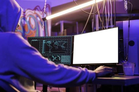 Man hacking on computer empty screen 스톡 사진