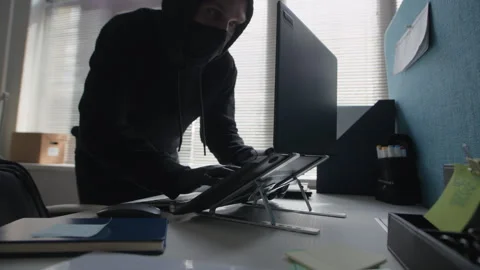 Man Hacking Office Laptop Using Flash Drive while Stealing Corporate Data Stock Footage 313552490