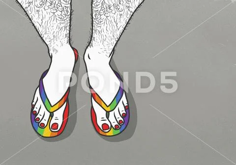 Man with hairy legs and painted toenails wearing rainbow flip-flops Stock Illustration