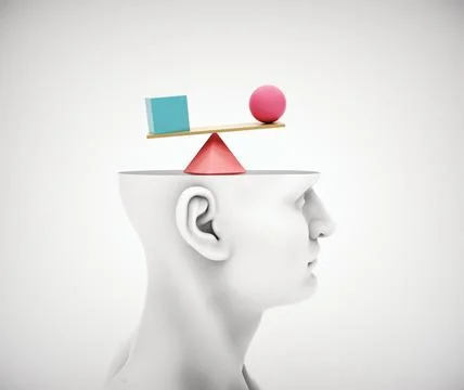 Man with half head and geometric shapes in balance inside. Illustrazione stock