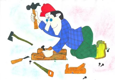 Man with a hammer and different tools Stock Illustration