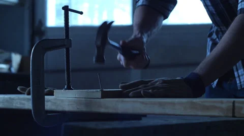 Man Hammering in Workshop (Slow Motion) Stock Footage 37597124