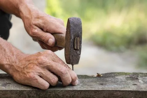 A man hammers nails with an old rusty hammer.Repairs and spring cleaning in.. Stock Photos
