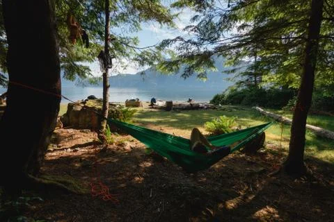 Man in hammock under trees on beach near lake Stock Photos