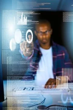 Man, hand and programmer in office with hologram, selection and dashboard for Stock-Fotos