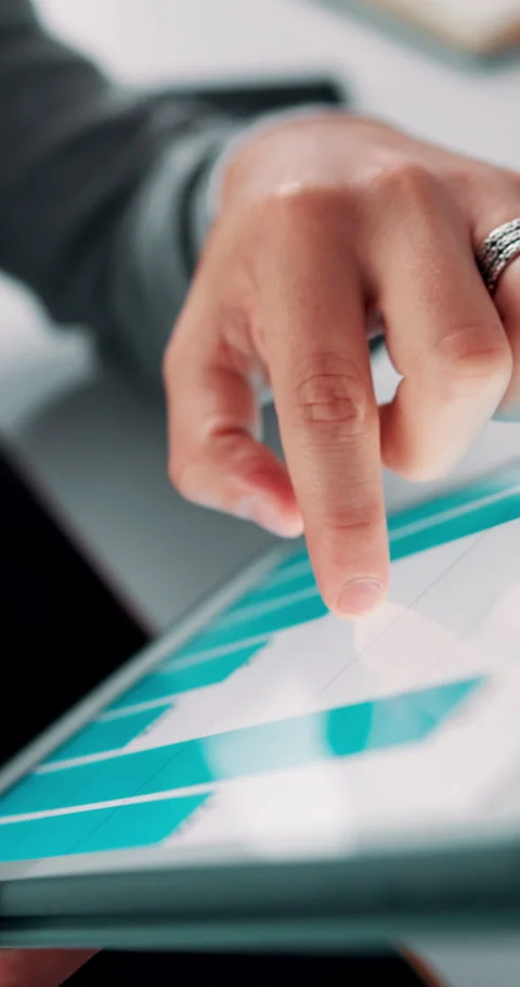 Man, hand and scroll in office with tablet screen, data analysis and KPI for Stock Footage 335920687