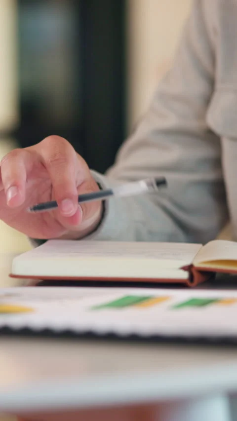 Man, hand and thinking in office with notebook, business productivity data or Stock Footage 335793061
