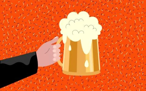 Man hand with a beer mug on which the froth cap rises Illustrazione stock
