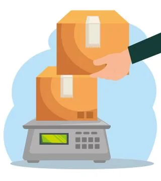 Man hand with boxes packages in the weighing machine Stock Illustration