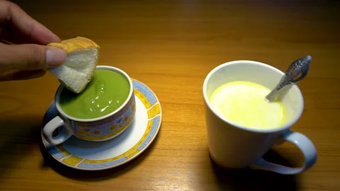 Man hand with bread for sweet egg custard traditional food. Stock Footage 132244989