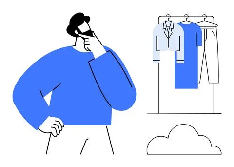 Man with hand on chin thinking, standing next to clothes rack with shirt and  Stock Illustration