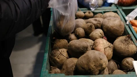 Man hand choosing red beetroot in the supermarket. Man chose beetroot on stall o Stock Footage 221105558