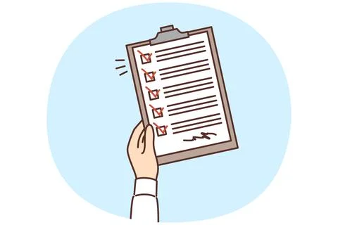 Man hand with clipboard with questionnaire consisting of checkboxes and Stock Illustration