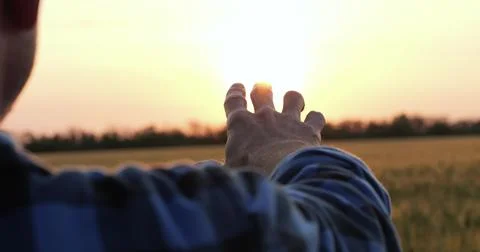 Man hand close up stretched to sunset sky during countryside travel. silhouette Stock Photos