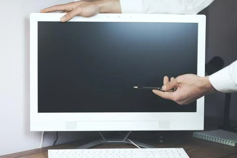 Man hand with computer Stock Photos