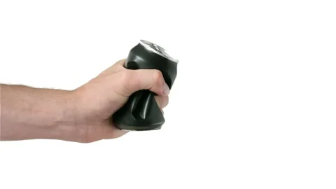 Man hand crushes can (brand less). Throwaway shot and retrieve shot. Isolated. Stock Footage