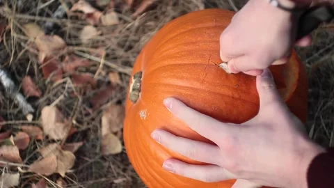 Man hand cutting pumpkin head jack lantern Stock Footage 252325259