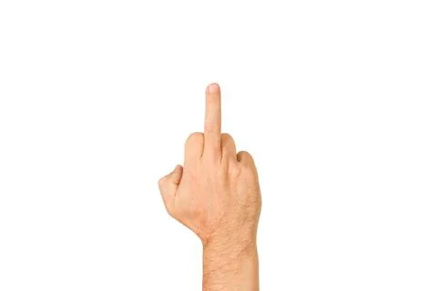 Man hand doing offensive gesture with the middle finger on a white background Stock Photos