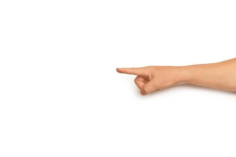 Man hand doing pointing gesture to the left on a white background Foto stock