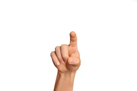 Man hand doing push button gesture on a white background with copy space Stock Photos