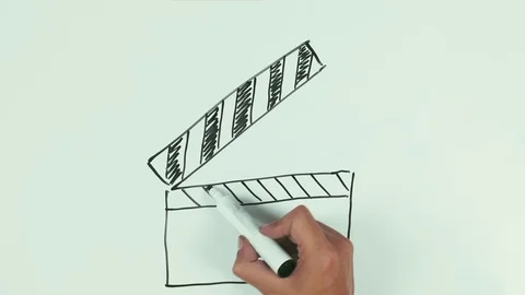 Man hand draw movie clapper using black marker pen on whiteboard and wipe it Stock Footage 73040254