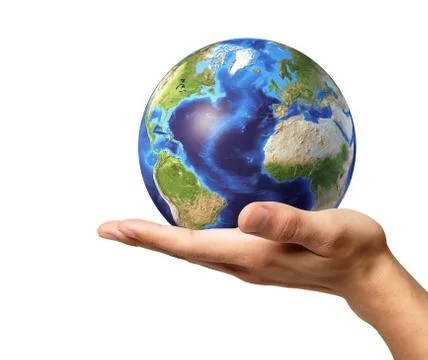 Man hand with earth globe on it. On white background. Stock Illustration