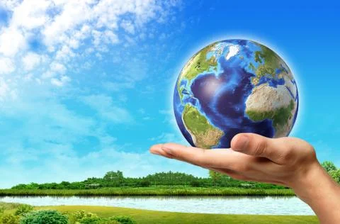 Man hand with earth globe on it and a beautiful green landscape with river an Stock Illustration