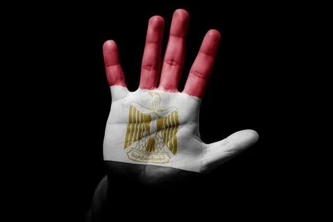 Man hand with flag of Egypt in stop sign Stock Photos