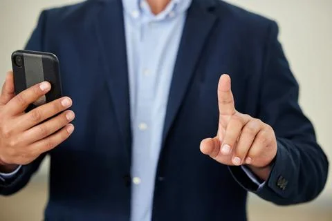 Man, hand gesture and wait a second in busy, cellphone and business on texting Stock Photos