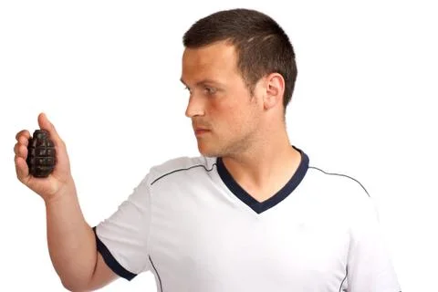 Man with hand grenade 스톡 사진