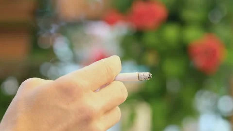 Man hand hold burning cigarette while smoking,tobacco smoke,unhealthy lifestyle Stock Footage 155907060