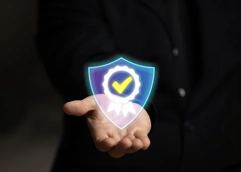 Man hand hold icon for security protection systems and satisfaction on virt.. Stock Photos