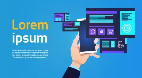 Man hand hold smartphone data protection computing center with infographic Illustrazione stock