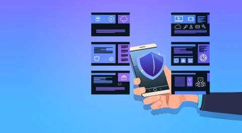 Man hand hold smartphone shield data protection computing center with 스톡 일러스트