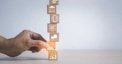 Man hand hold  stack woods block step on table with icon Action plan, Goal an Stock Photos