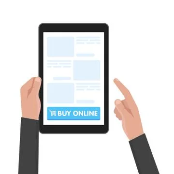 Man hand hold tablet computer with website template buy buttons. Vector Stock Illustration
