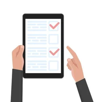 Man hand hold tablet computer with test and voting template. Vector illustration Stock Illustration