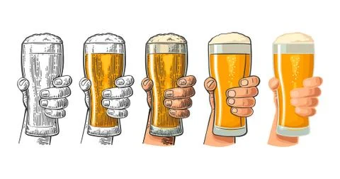 Man hand holding and clinking beer glass. Different graphic styles Stockillustratie