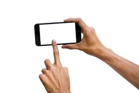 Man hand holding black horizontal smartphone with white screen for mock up de Stock Photos