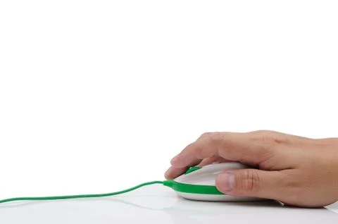 Man hand holding computer mouse with green cable. business concept. Stock Photos