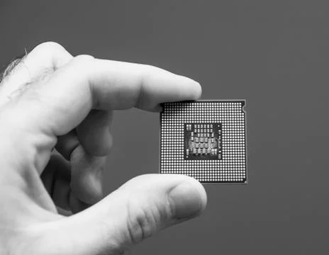Man hand holding CPU Central processing unit gray background 스톡 사진