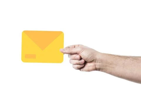 Man hand holding postal envelope. Photo and color flat illustration Stock Photos