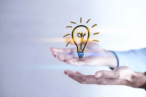 Man hand idea or light bulb in screen Stock Photos